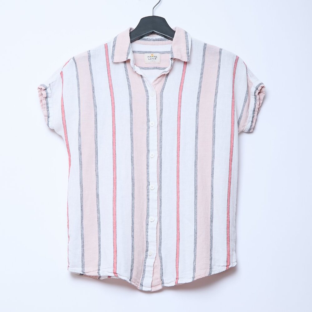 Marine Layer Striped Short Sleeve Button-Up Nautical Coastal Oversized Pink XS